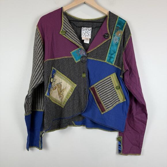 Surya II Art To Wear Mixed Media Patchwork Top Jacket Large Hare Frog Japanese - Picture 1 of 10
